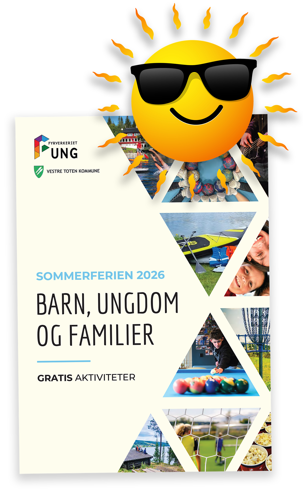 Program for sommerferien 2026 med illustrasjoner av en sommervarm sol og selve programmet - Klikk for stort bilde