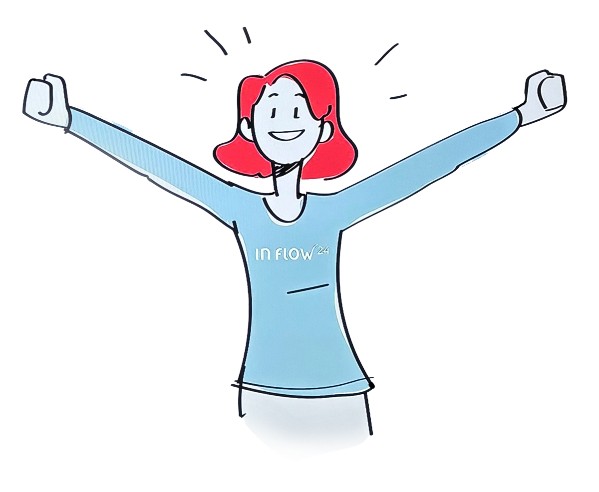 Tegnet illustrasjon av en fornøyd kvinnelig figur som feirer i glede., og det står IN FLOW 24 på toppen hennes. - Klikk for stort bilde