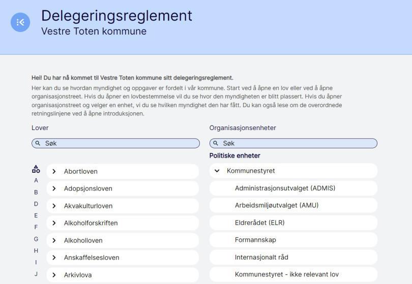 Delegeringsreglement, Vestre Toten kommune - Klikk for stort bilde